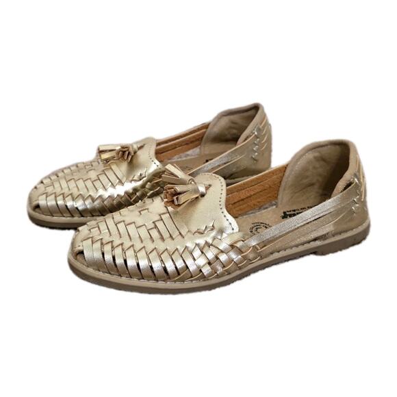 Gold Leather Huarache Sandals Womens 7 Woven Mules Slip On Flat Artisan Loafers - Picture 1 of 10